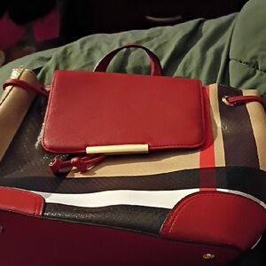 Elegant Red and Tan Women's Shoulder Bag With Wallet